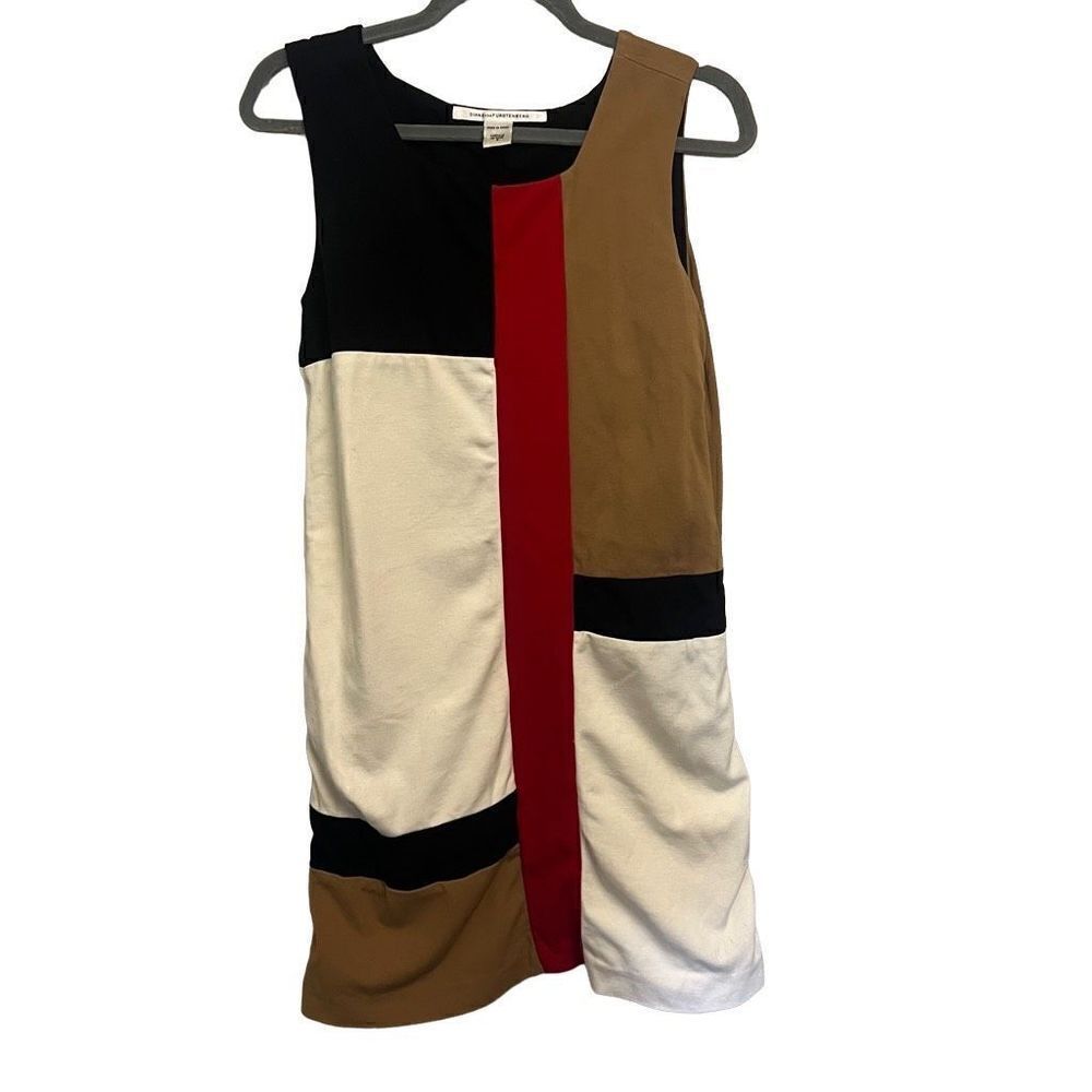 Diane Von Furstenberg Colorblock Midi Dress in Black, Cream, Tan & Red
